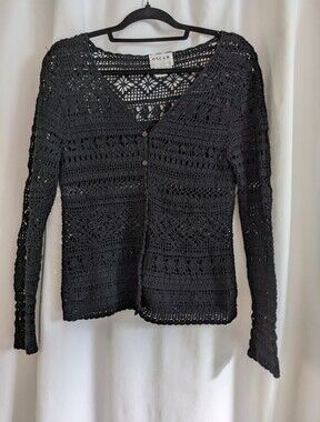 Oscar de la Renta Cardigan Sweater M Black Open Knit Crochet